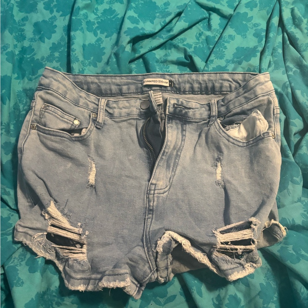 Revamped Light Blue Distressed Jean Shorts